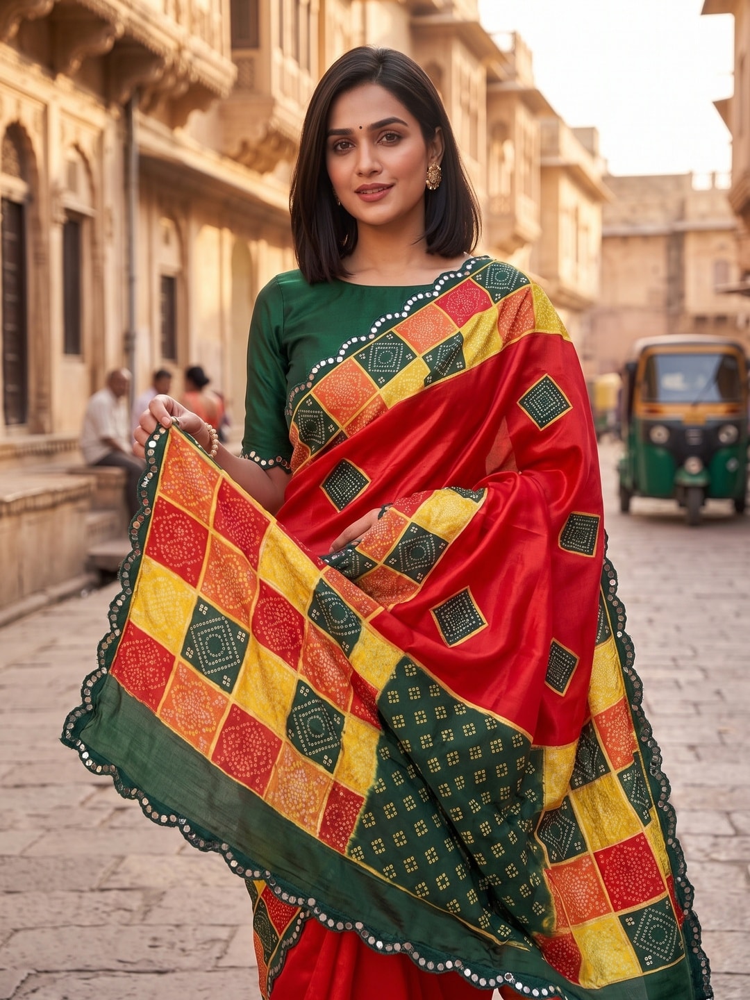 Peachmode Red Turki Silk Saree With Bandhani Patchwork And Mirror Work Border - Image 3