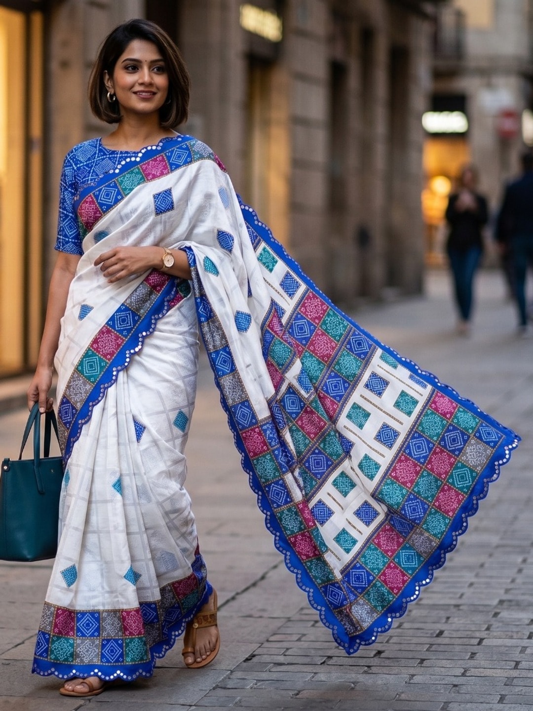 Peachmode White Turki Silk Saree With Bandhani Patchwork And Mirror Work Border - Image 1