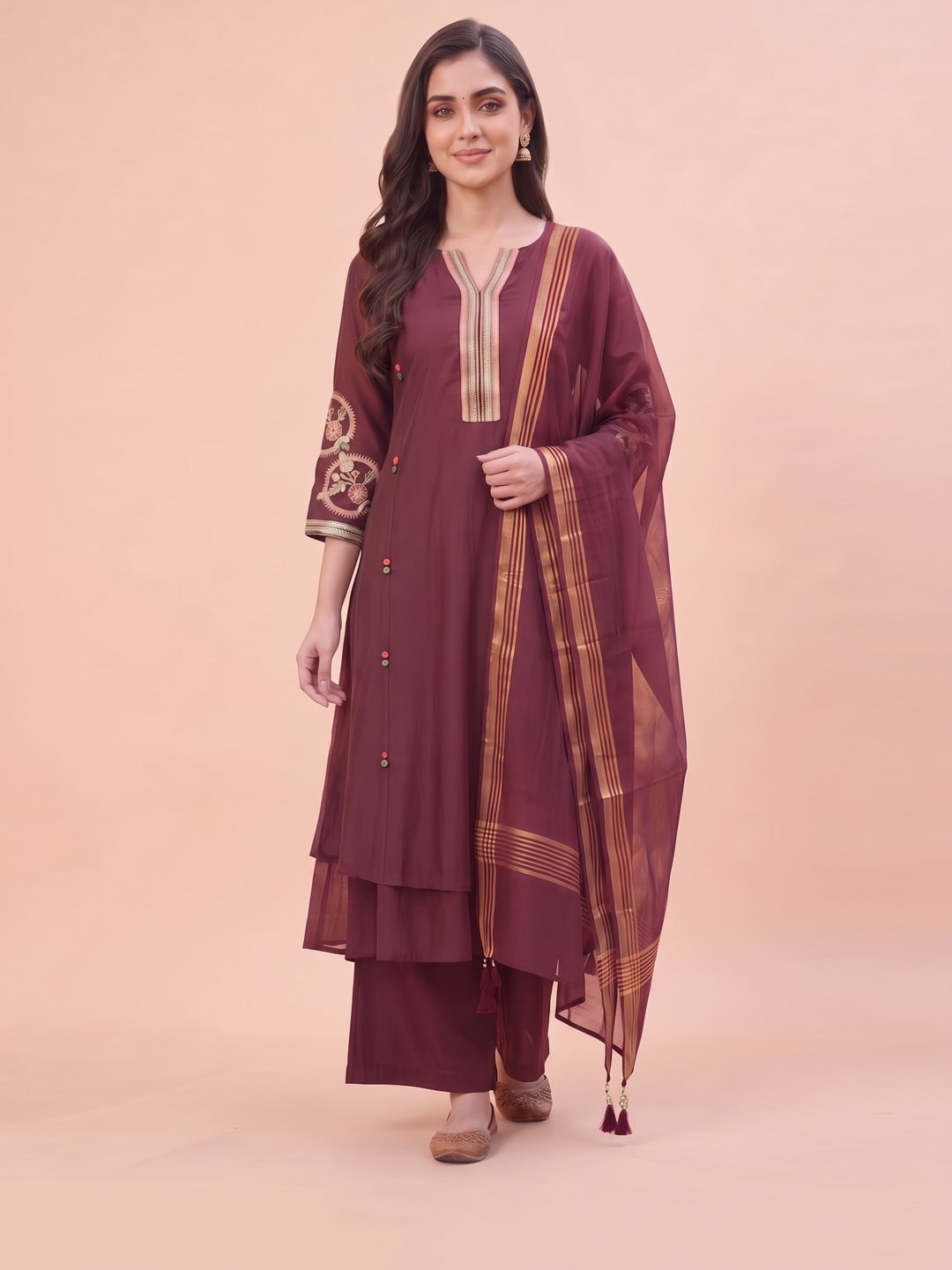 Peachmode Maroon Chanderi Silk Salwar Suit With Embroidered V Placket - Image 1