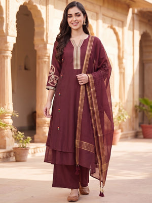 Peachmode Maroon Chanderi Silk Salwar Suit With Embroidered V Placket - Image 2