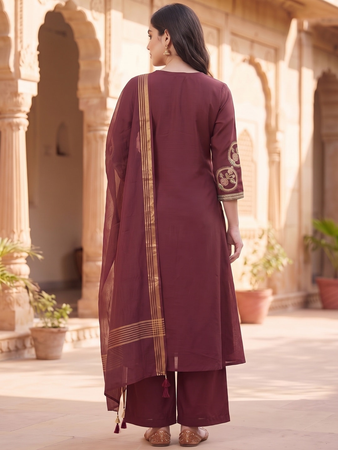 Peachmode Maroon Chanderi Silk Salwar Suit With Embroidered V Placket - Image 4