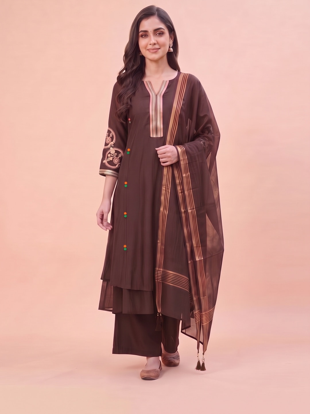 Peachmode Brown Chanderi Silk Salwar Suit With Embroidered V Placket - Image 1