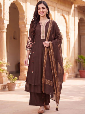 Peachmode Brown Chanderi Silk Salwar Suit With Embroidered V Placket - Image 2