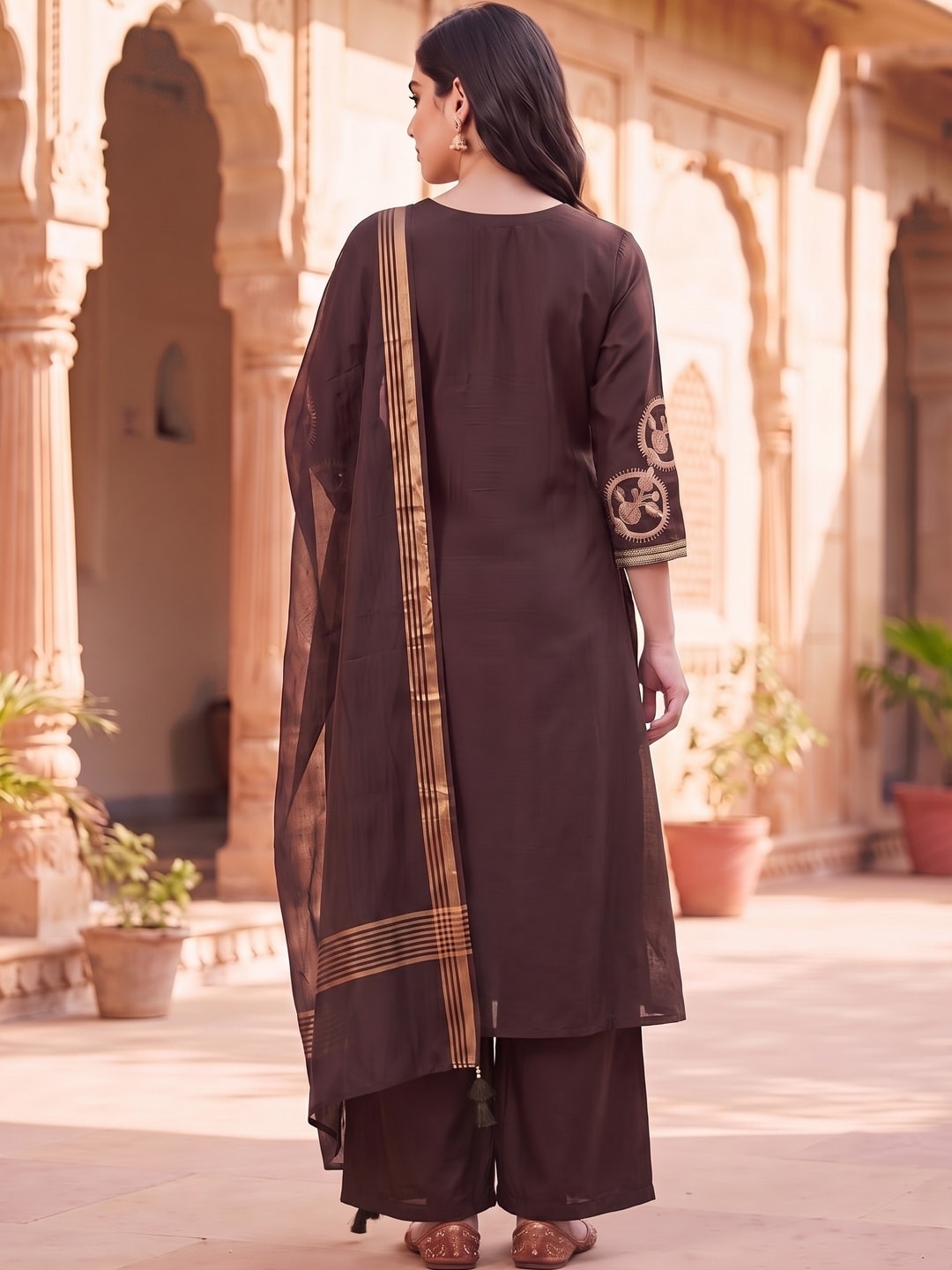 Peachmode Brown Chanderi Silk Salwar Suit With Embroidered V Placket - Image 4