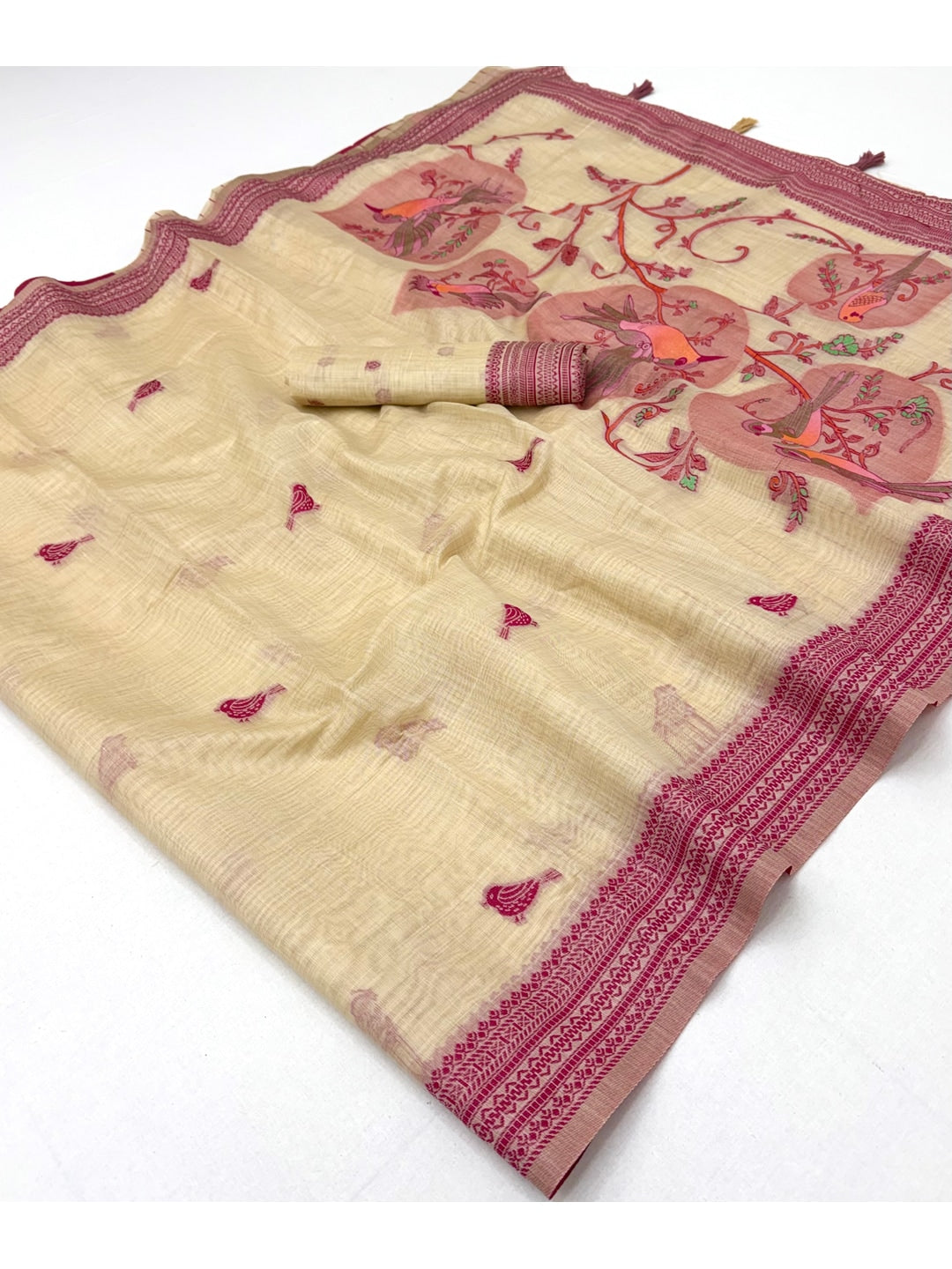 Peachmode Cream Soft Cotton Saree With Jamdani Style Sparrow Weaving - Image 4