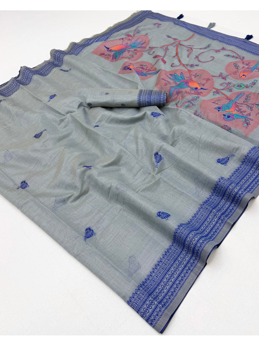 Peachmode Grey Soft Cotton Saree With Jamdani Style Sparrow Weaving - Image 4