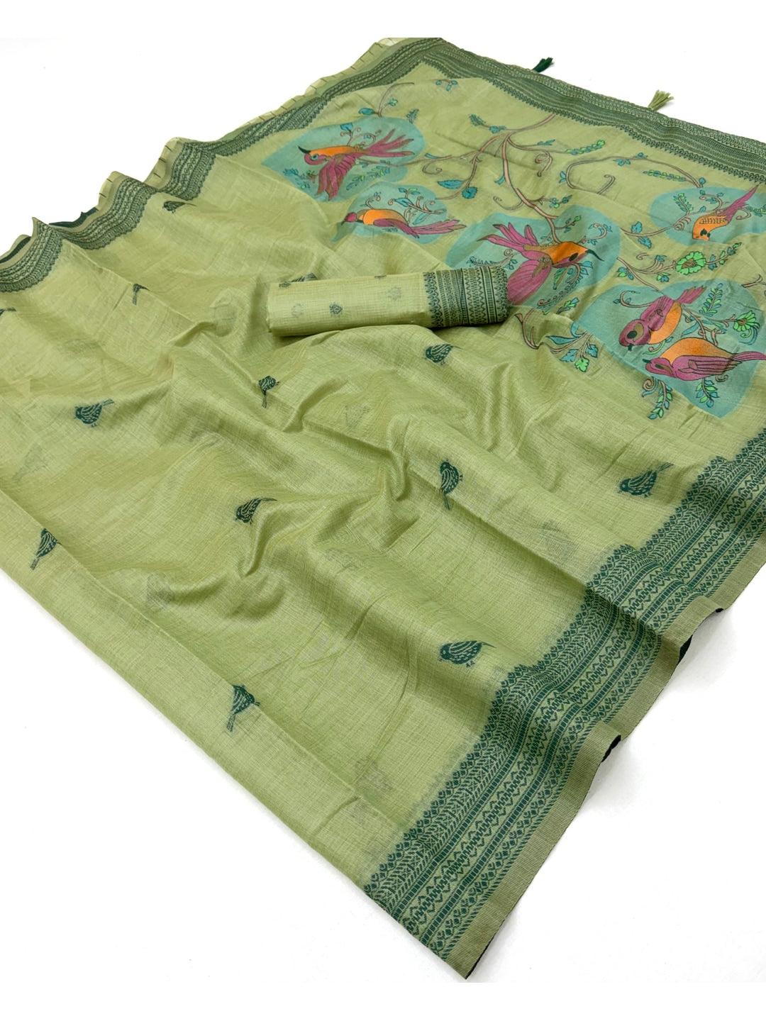 Peachmode Light Green Soft Cotton Saree With Jamdani Style Sparrow Weaving - Image 4