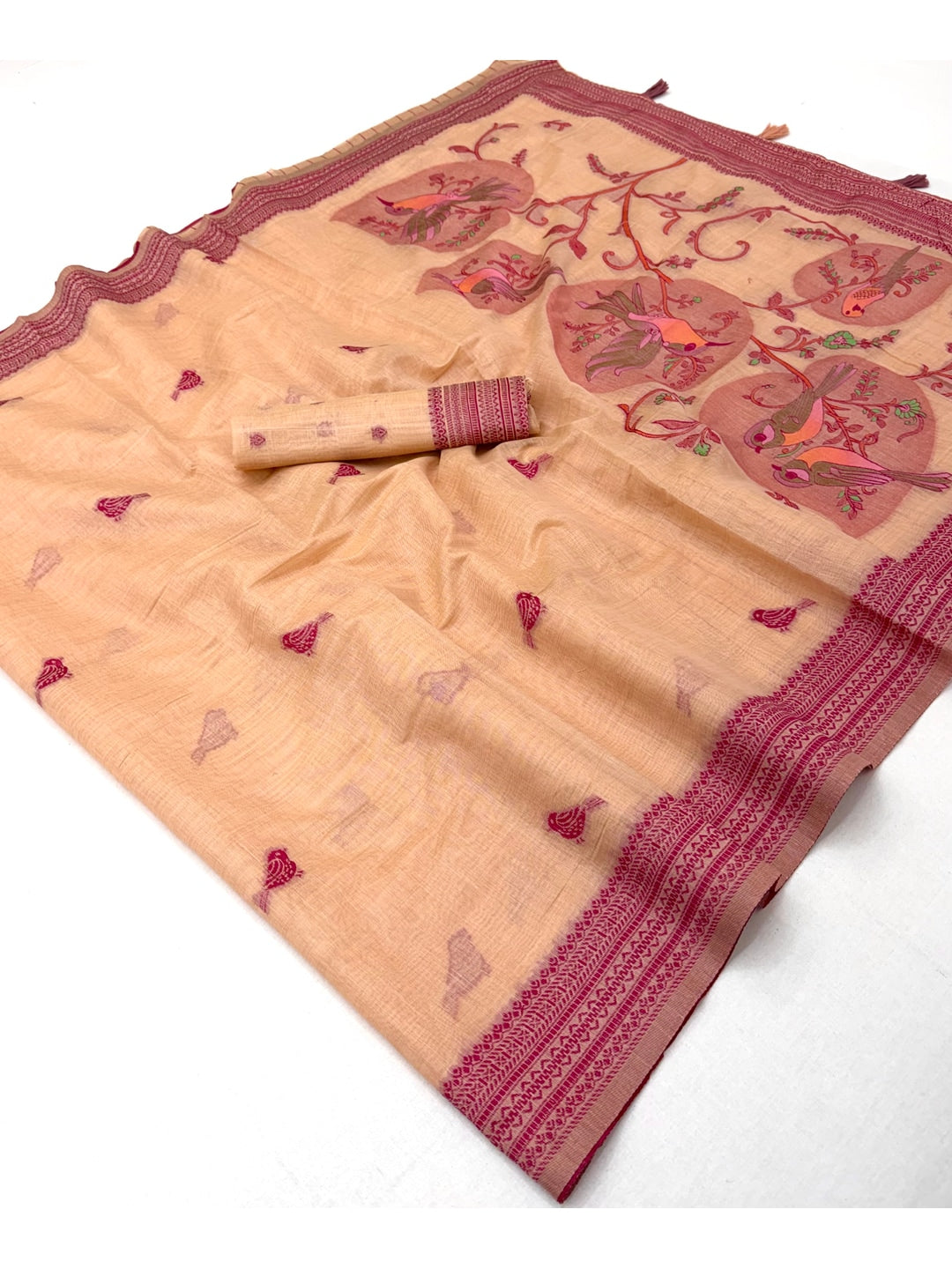 Peachmode Peach Soft Cotton Saree With Jamdani Style Sparrow Weaving - Image 4