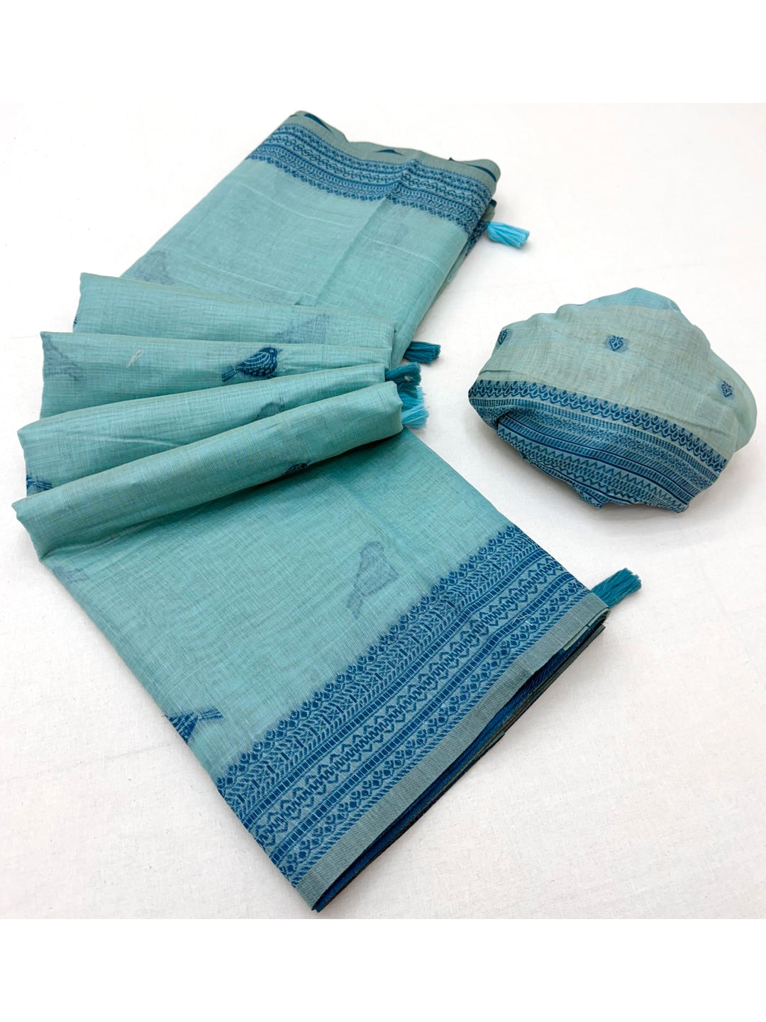 Peachmode Sky Blue Soft Cotton Saree With Jamdani Style Sparrow Weaving - Image 5