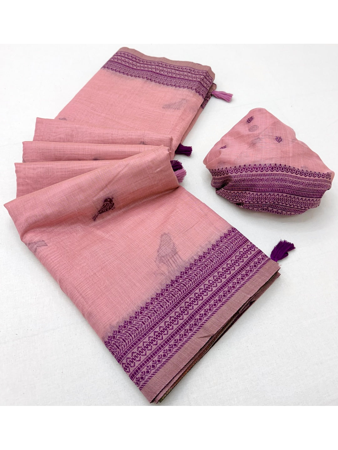 Peachmode Pink Soft Cotton Saree With Jamdani Style Sparrow Weaving - Image 5