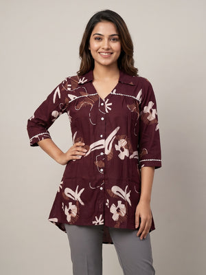 Peachmode Dark Maroon Rayon Abstract Printed Collared Shirt - Image 1