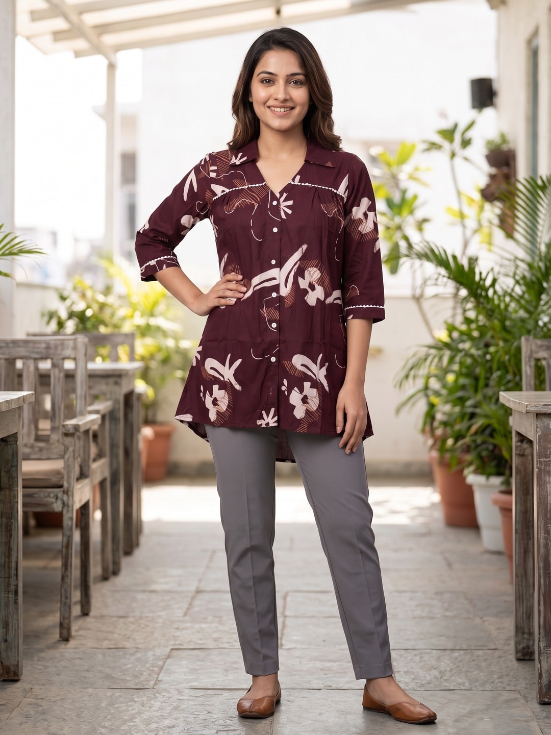 Peachmode Dark Maroon Rayon Abstract Printed Collared Shirt - Image 2