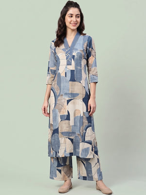 Peachmode Blue Rayon Abstract Printed Co-ord Set - Image 1