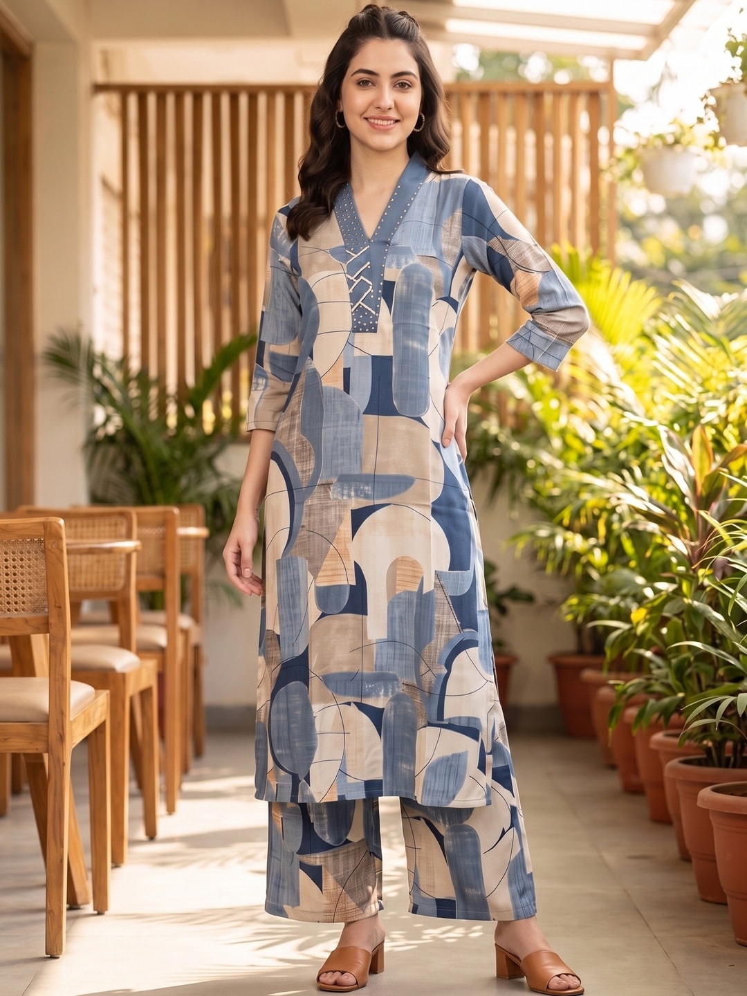 Peachmode Blue Rayon Abstract Printed Co-ord Set - Image 2