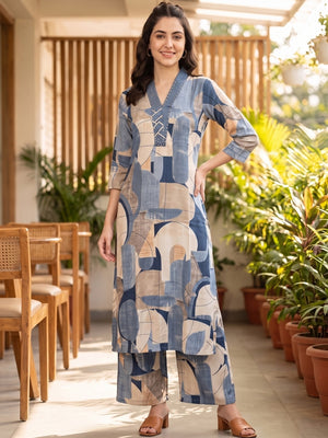 Peachmode Blue Rayon Abstract Printed Co-ord Set - Image 2