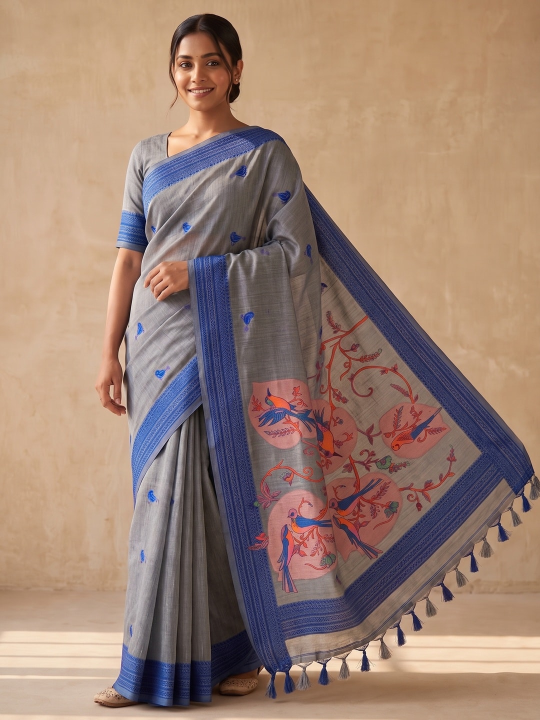 Peachmode Grey Soft Cotton Saree With Jamdani Style Sparrow Weaving - Image 1