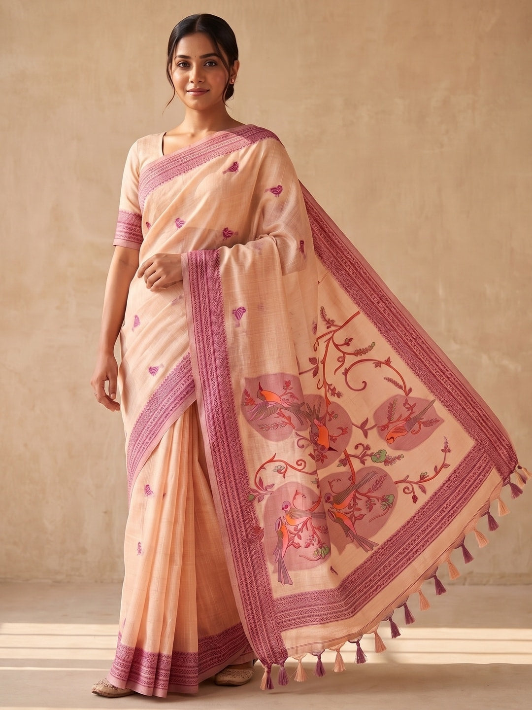 Peachmode Peach Soft Cotton Saree With Jamdani Style Sparrow Weaving - Image 1