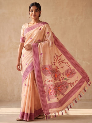 Peachmode Peach Soft Cotton Saree With Jamdani Style Sparrow Weaving - Image 1