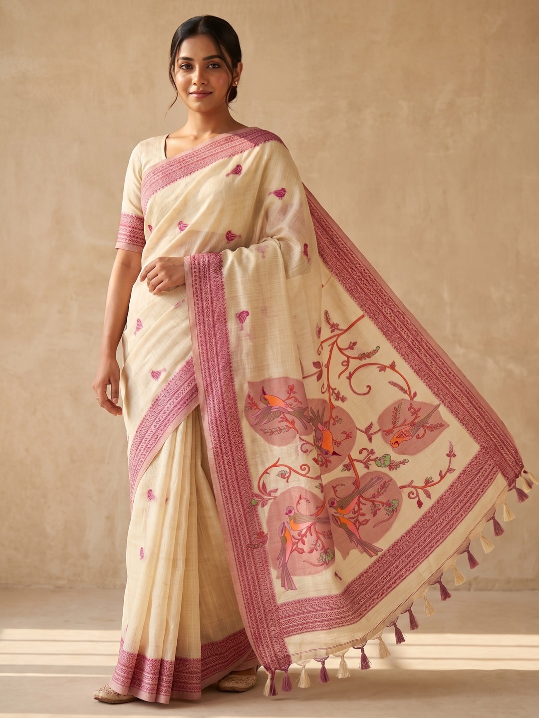 Peachmode Cream Soft Cotton Saree With Jamdani Style Sparrow Weaving - Image 1