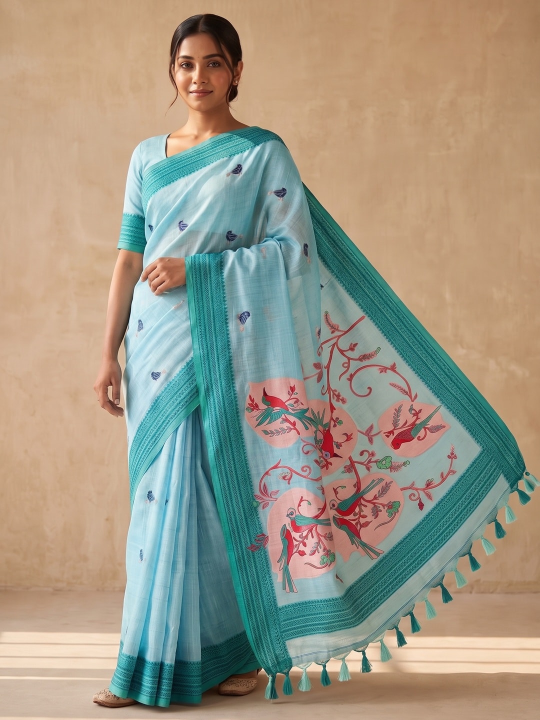Peachmode Sky Blue Soft Cotton Saree With Jamdani Style Sparrow Weaving - Image 1