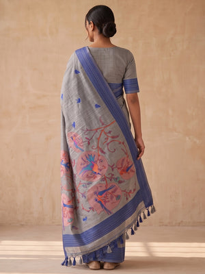 Peachmode Grey Soft Cotton Saree With Jamdani Style Sparrow Weaving - Image 2