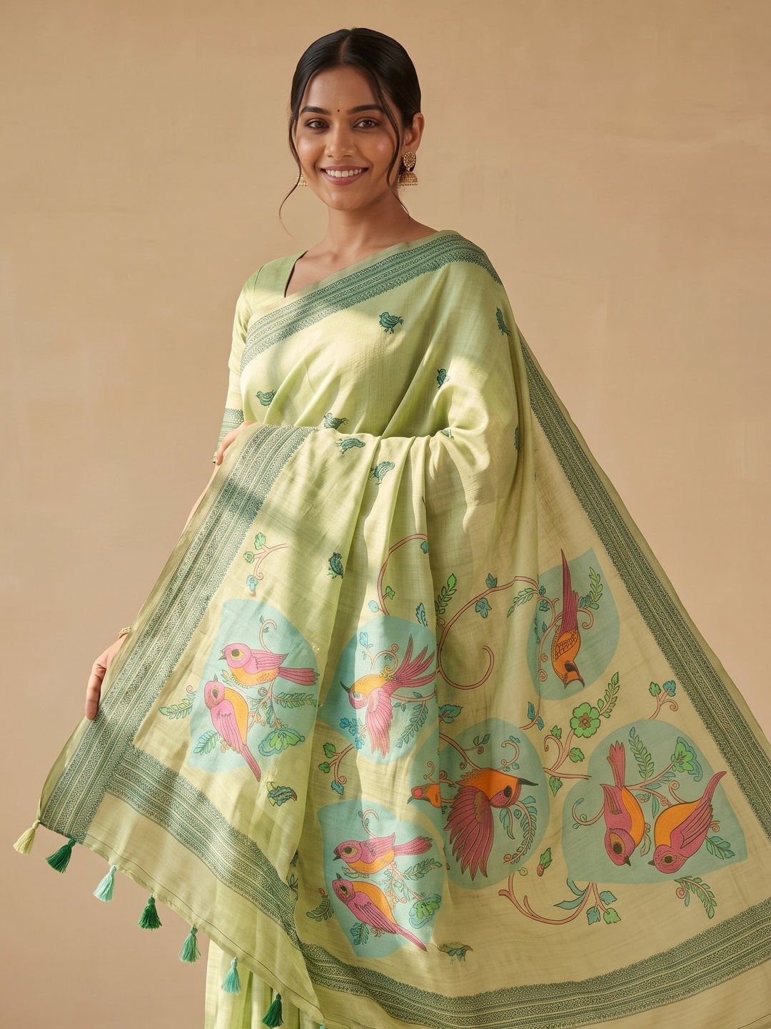 Peachmode Light Green Soft Cotton Saree With Jamdani Style Sparrow Weaving - Image 2