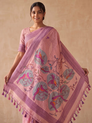 Peachmode Pink Soft Cotton Saree With Jamdani Style Sparrow Weaving - Image 2