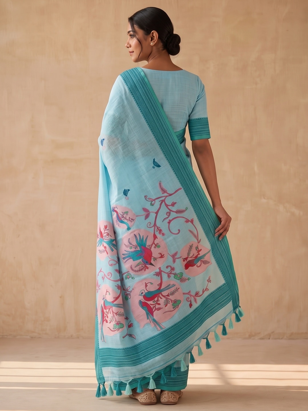 Peachmode Sky Blue Soft Cotton Saree With Jamdani Style Sparrow Weaving - Image 2