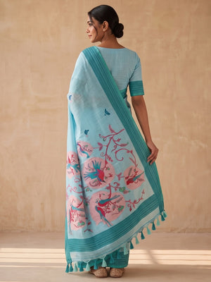 Peachmode Sky Blue Soft Cotton Saree With Jamdani Style Sparrow Weaving - Image 2