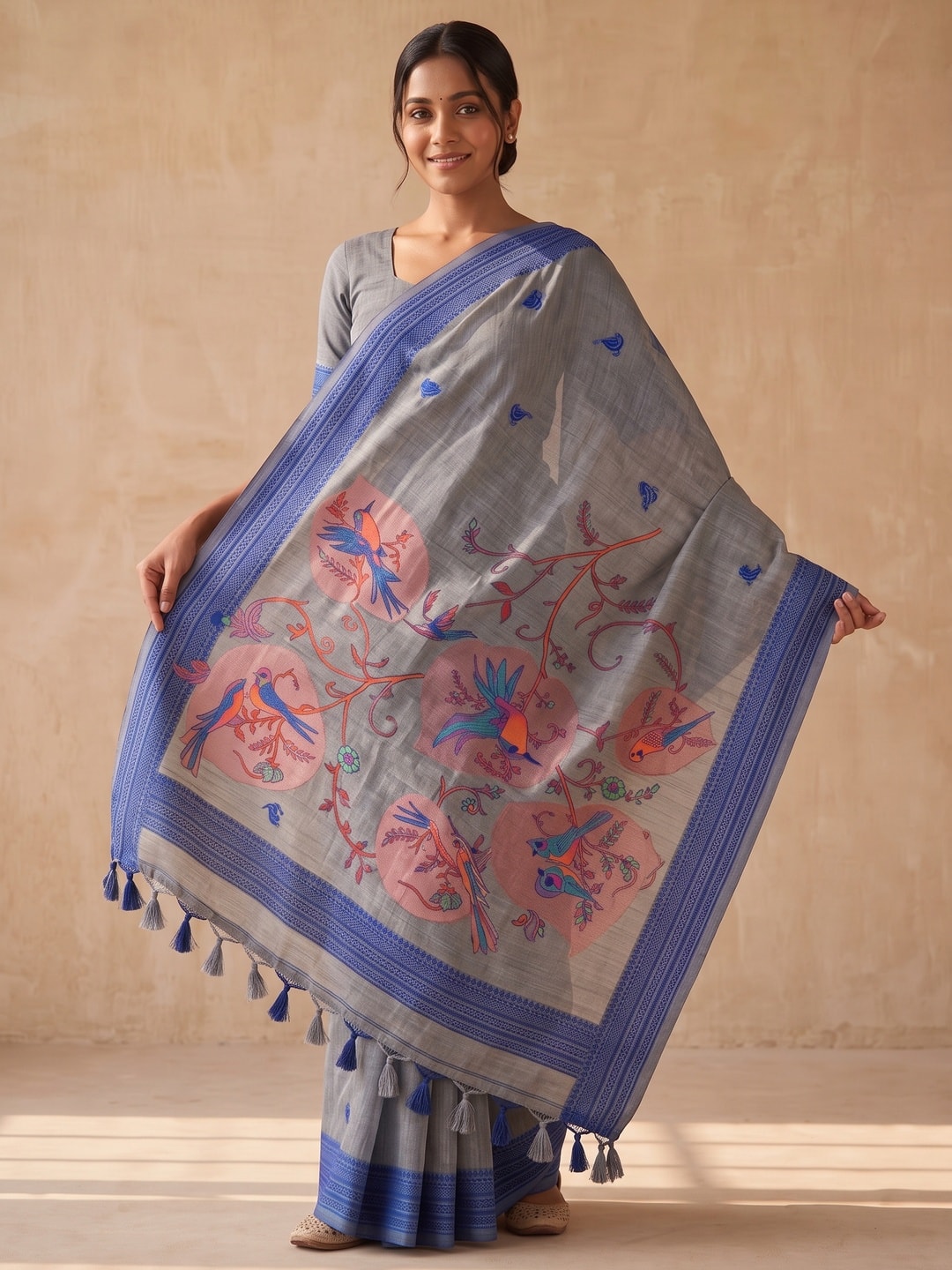Peachmode Grey Soft Cotton Saree With Jamdani Style Sparrow Weaving - Image 3