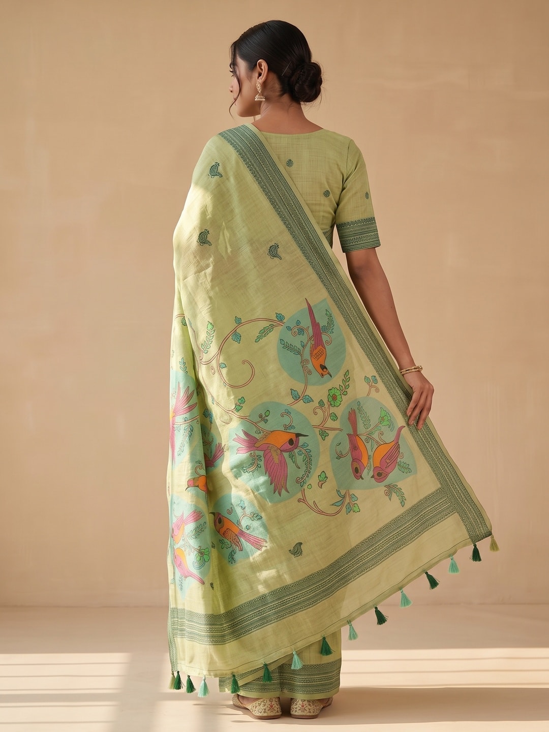 Peachmode Light Green Soft Cotton Saree With Jamdani Style Sparrow Weaving - Image 3