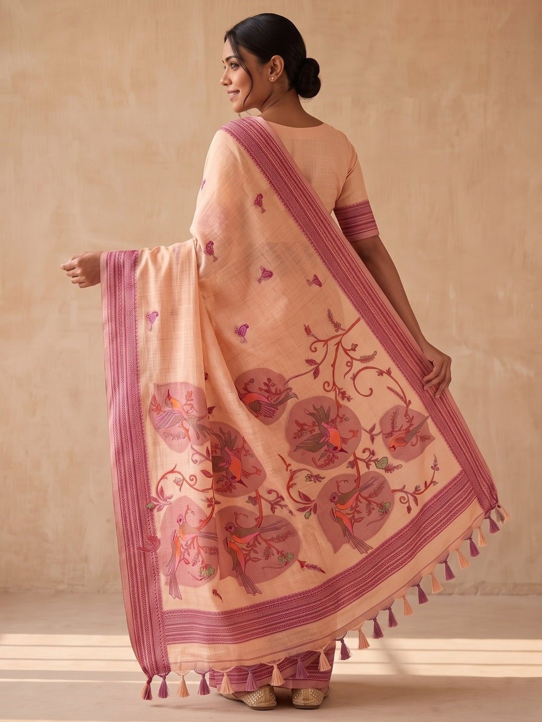 Peachmode Peach Soft Cotton Saree With Jamdani Style Sparrow Weaving - Image 3