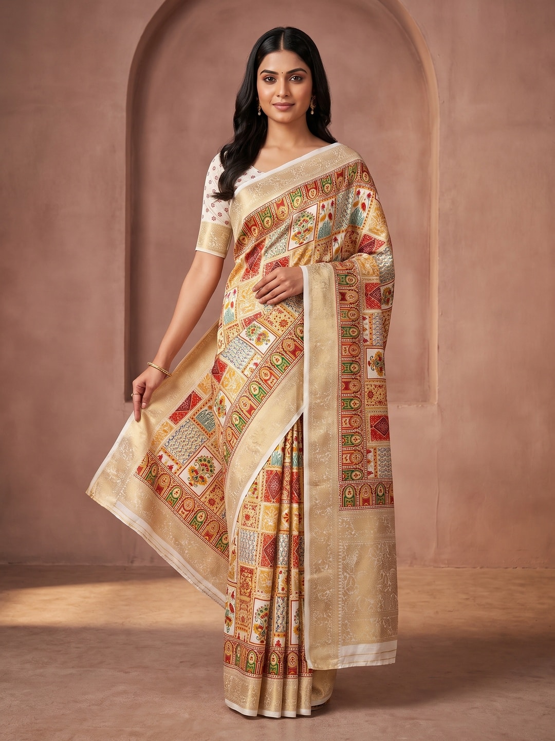Peachmode Cream Benny Crepe Silk Saree With Position Print And Woven Jacquard Border - Image 1