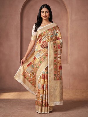 Peachmode Cream Benny Crepe Silk Saree With Position Print And Woven Jacquard Border - Image 1