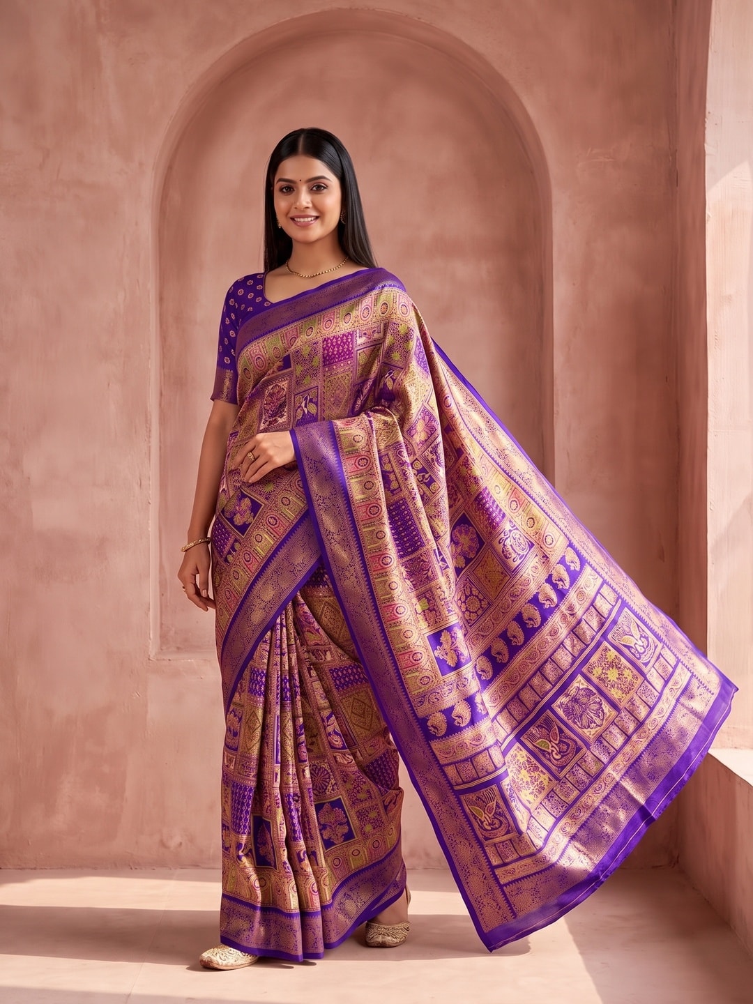 Peachmode Purple Benny Crepe Silk Saree With Position Print And Woven Jacquard Border - Image 1