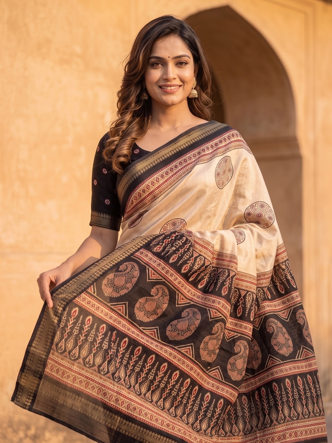 Peachmode Black Marshmallow Saree With Kalamkari Print And Woven Jacquard Border - Image 3