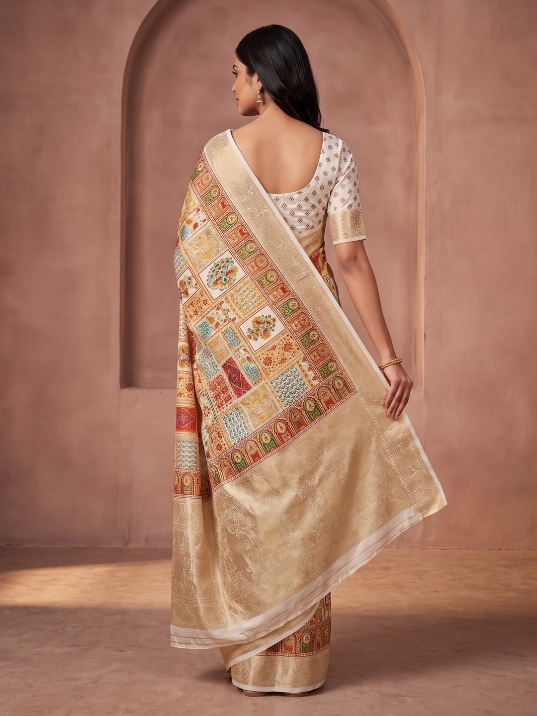 Peachmode Cream Benny Crepe Silk Saree With Position Print And Woven Jacquard Border - Image 2
