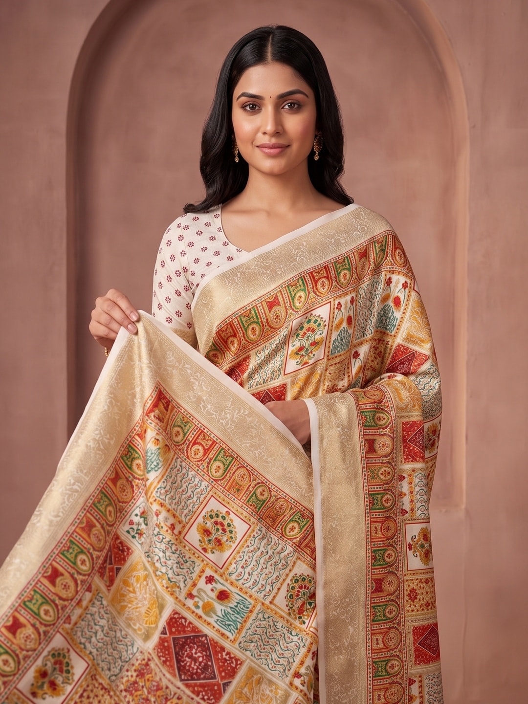 Peachmode Cream Benny Crepe Silk Saree With Position Print And Woven Jacquard Border - Image 3