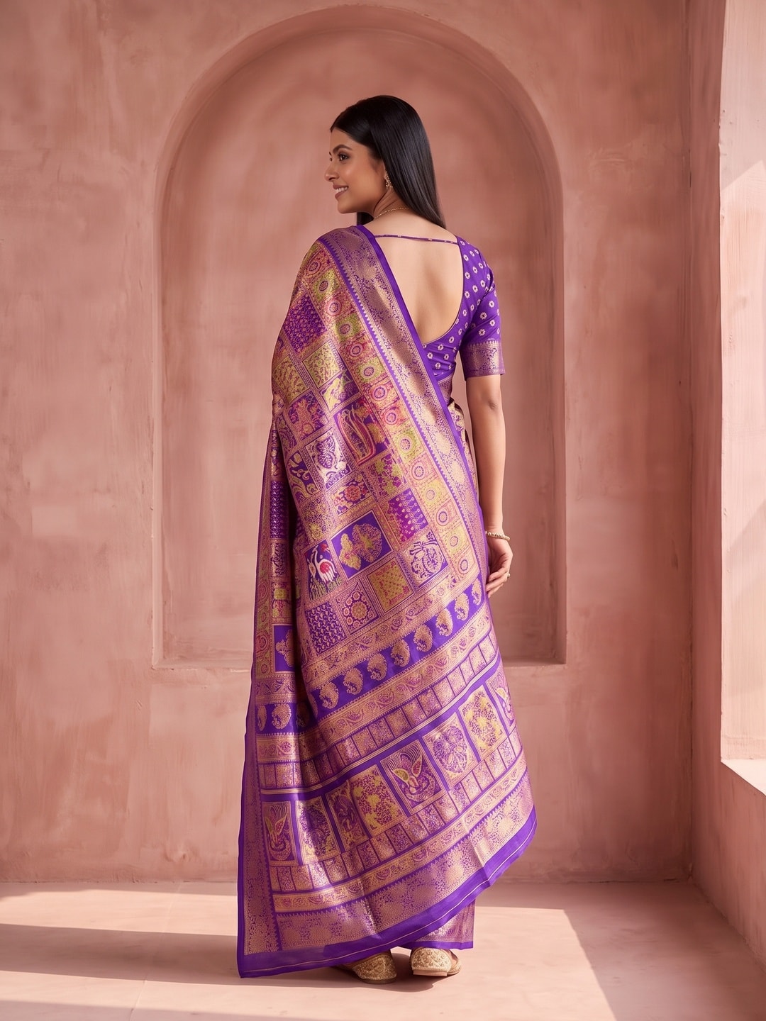 Peachmode Purple Benny Crepe Silk Saree With Position Print And Woven Jacquard Border - Image 2