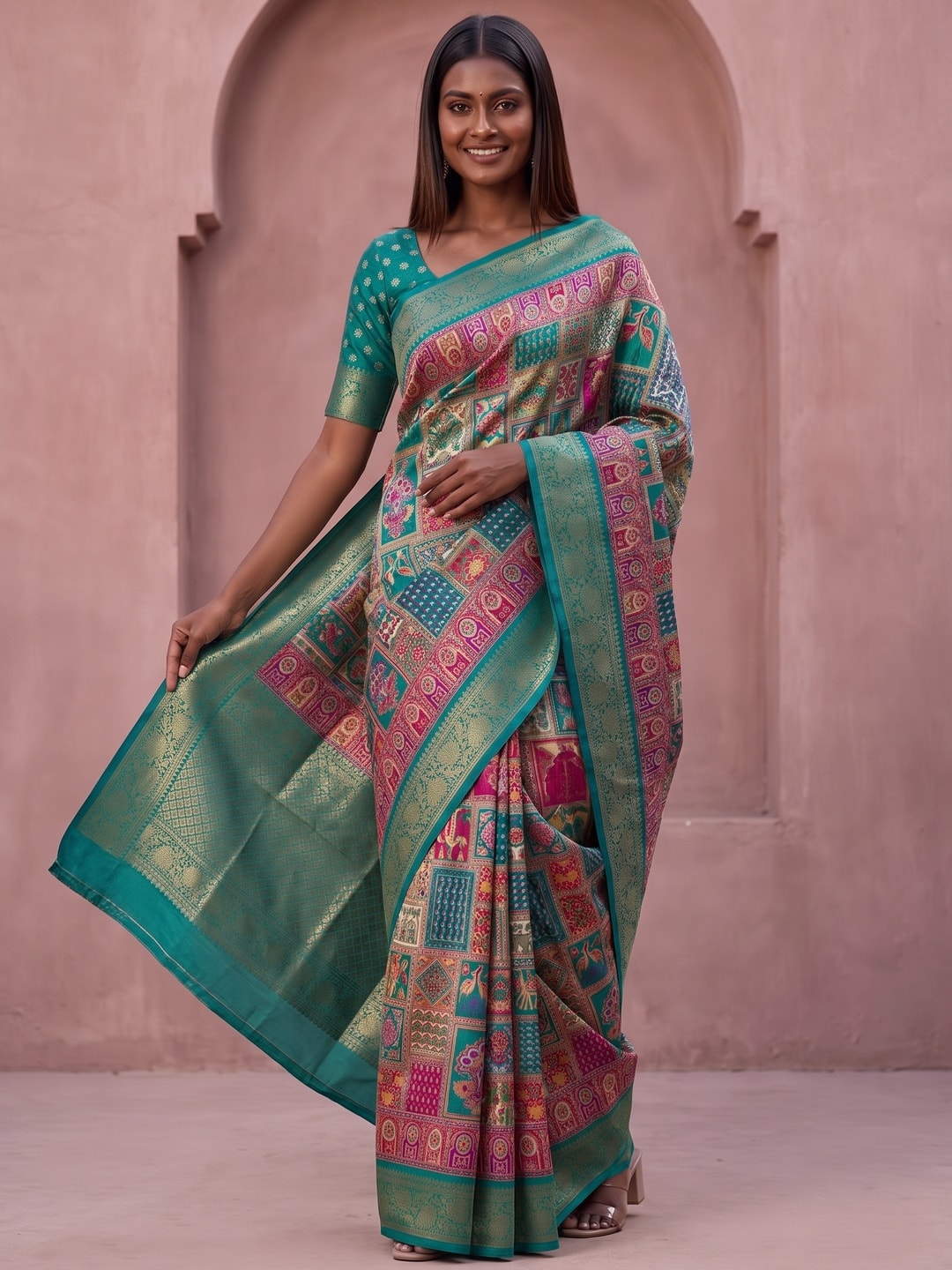Peachmode Teal Benny Crepe Silk Saree With Position Print And Woven Jacquard Border - Image 1