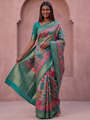 Peachmode Teal Benny Crepe Silk Saree With Position Print And Woven Jacquard Border - Image 1