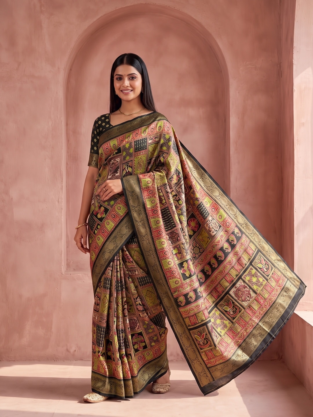 Peachmode Black Benny Crepe Silk Saree With Position Print And Woven Jacquard Border - Image 1