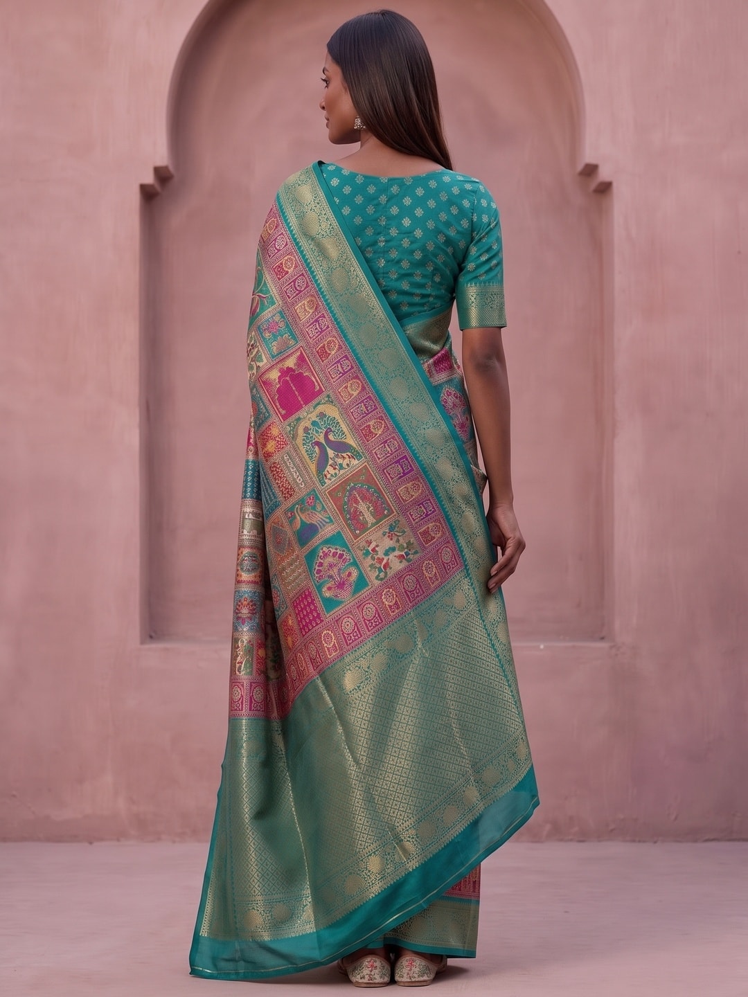 Peachmode Teal Benny Crepe Silk Saree With Position Print And Woven Jacquard Border - Image 2
