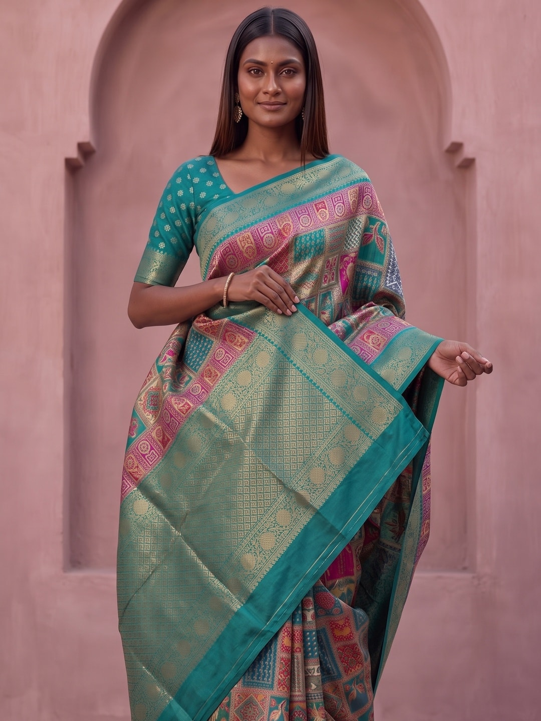 Peachmode Teal Benny Crepe Silk Saree With Position Print And Woven Jacquard Border - Image 3
