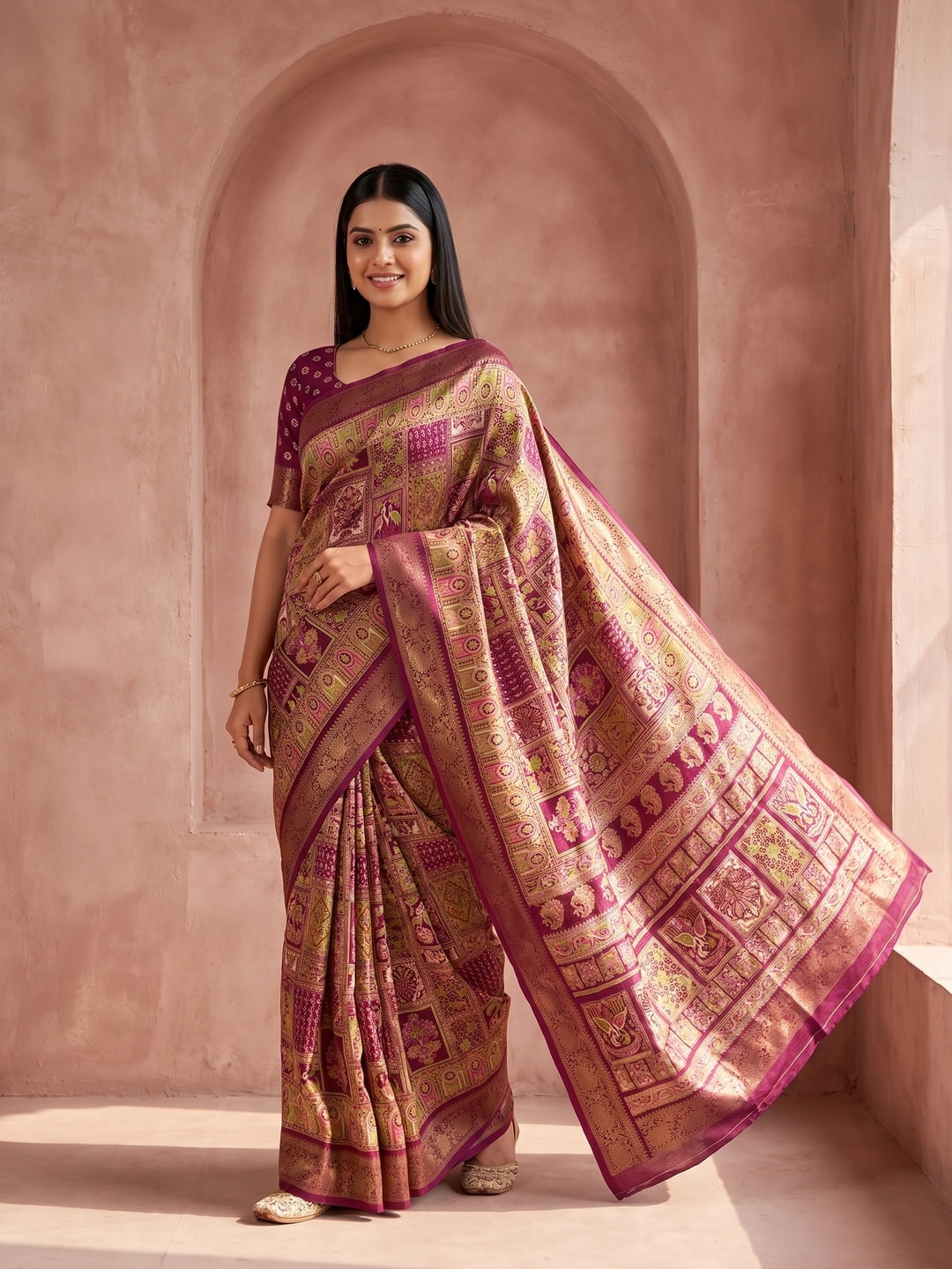 Peachmode Wine Benny Crepe Silk Saree With Position Print And Woven Jacquard Border - Image 1