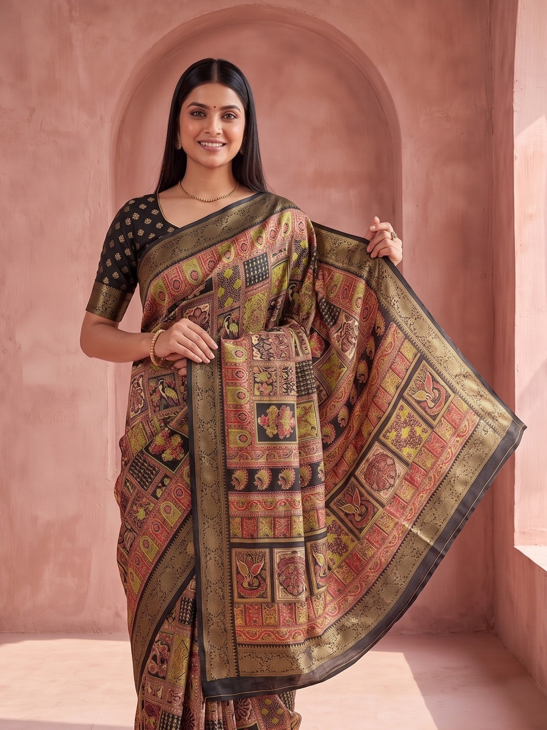 Peachmode Black Benny Crepe Silk Saree With Position Print And Woven Jacquard Border - Image 2