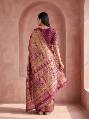 Peachmode Wine Benny Crepe Silk Saree With Position Print And Woven Jacquard Border - Image 2