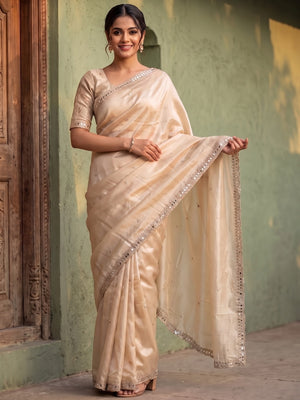 Peachmode Beige Rangoli Silk Saree With Hand Mirror Work Border And Jari C-Pallu - Image 1