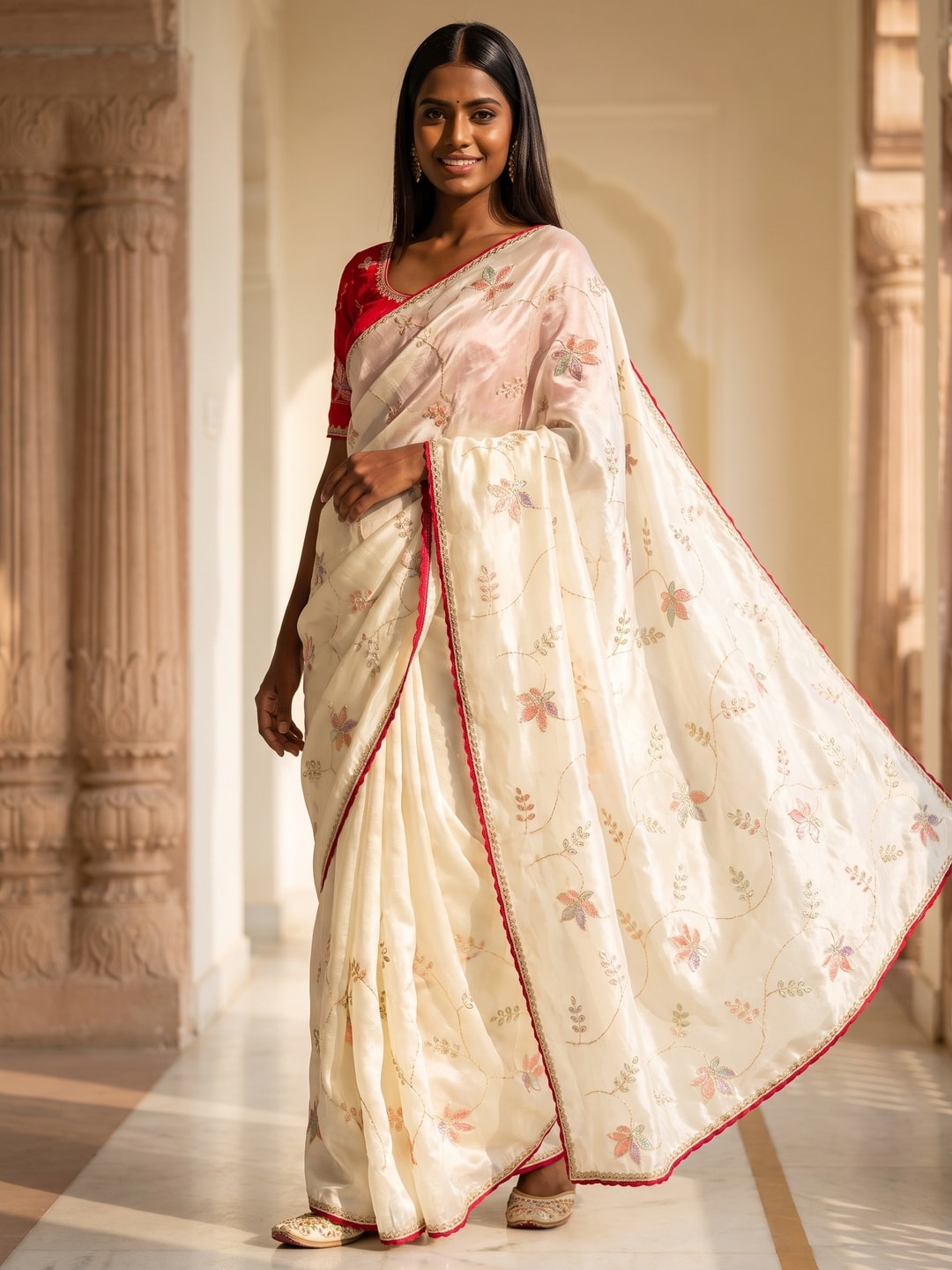 Peachmode Cream Frendy Satin Saree With Floral Sequin Embroidery And Lace Border - Image 1