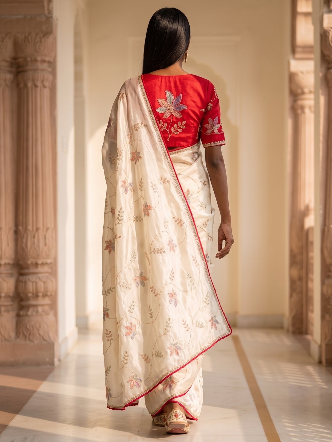 Peachmode Cream Frendy Satin Saree With Floral Sequin Embroidery And Lace Border - Image 2